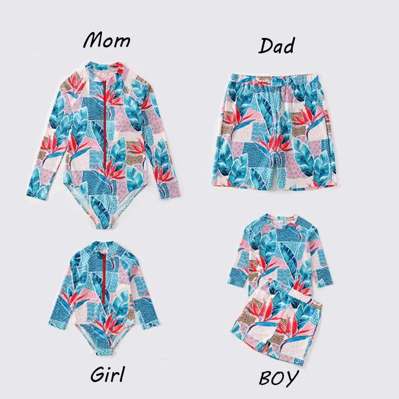 Summer Family Matching 4-pcs Sets Long Sleeves Swimwear + TrunksMom Dad Boys Girl Swimsut E332 210610