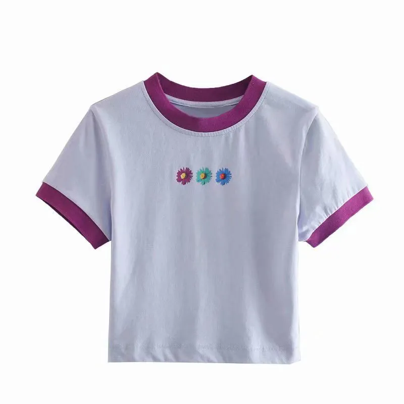 Kobiety Summer Casual T-Shirt Tops Tees Krótki Rękaw O-Neck Patchwork Floral Haft Kobiet Elastyczność Ulica Tshirt Top 210513