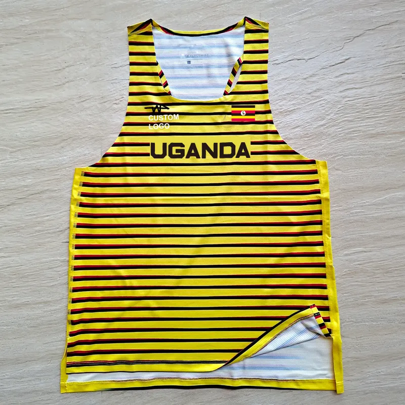 Uganda Stripes Homem Rápido Running Rede Respirável Vestida Profissional Atleta Atleta Track Campo Singlet Customizable 220309