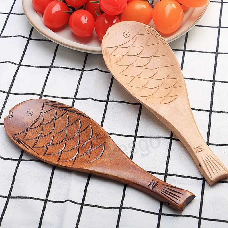 Wooden Fish Shape Soup Spoon With Pattern Soups Spoons Thickened Rice Scoop Hotel Dining Room Cooking Scoops Kitchen Tool BH6202 TYJ