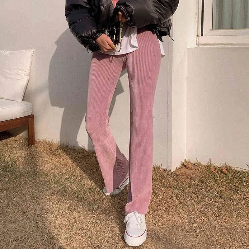 Kahverengi Kadife Skinny Y2K Flare Pantolon Kadınlar Vintage Harajuku Uzun Casaul Streç Yüksek Vana Pantolon Sweatpants Capris 210510