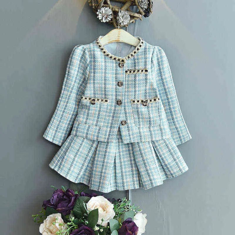Flickor Fashion Set Sticka tröja Jacka Skirt Elegant Princess Celebrity Suit Höst Ankomst för 211224