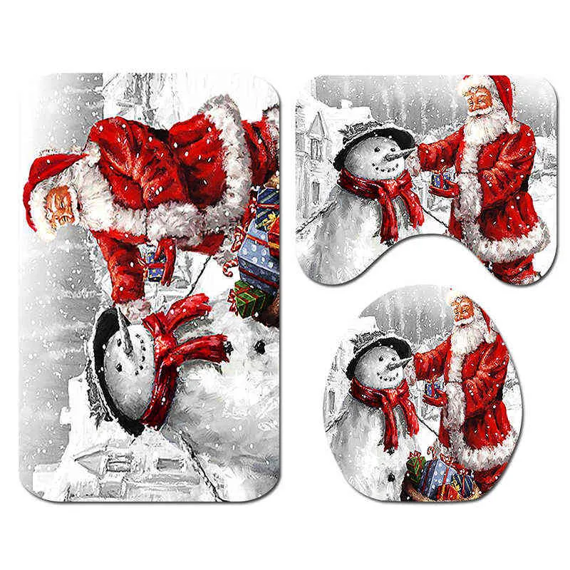 Boneco de neve Santa Claus Duche Curtain Set Non-Slip Banheiro Tapete Tapete Tapete Impermeável Tampa Toaleteira Esteira de Banho Festival de Natal Deco 211116