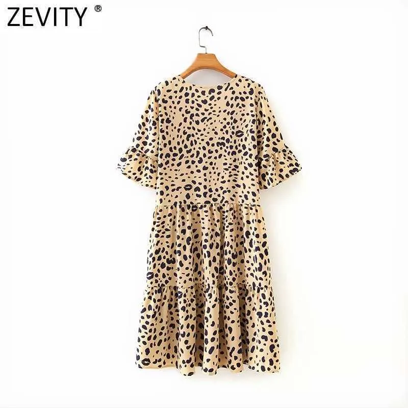 Zevity Women Vintage V Neck Leopard Print Shirt Dress Chic Female Butterfly Sleeve Casual Slim A Line Vestido DS5089 210603