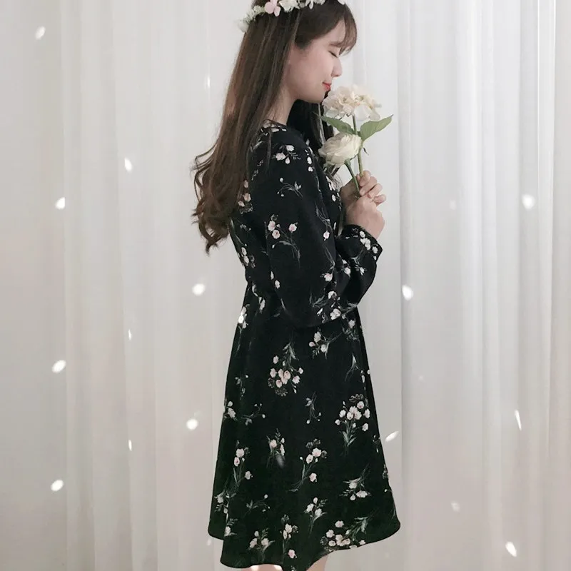 Abiti in chiffon floreale dolce coreano primavera mini abiti a-line a vita alta chic stampa abito moda donna 15661 210415