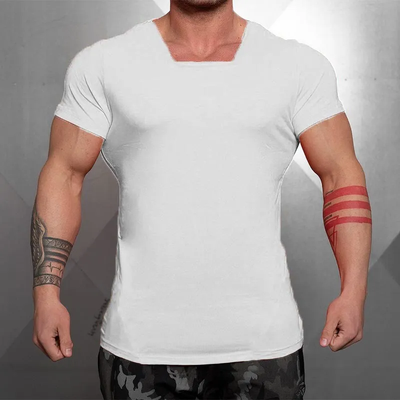 Erkek Yaz Pamuk Saf Renk Kare Yaka Kısa Kollu T-shirt Gym Tshirt Vücut Geliştirme Giyim Spor Slim Fit Tee Gömlek 210421