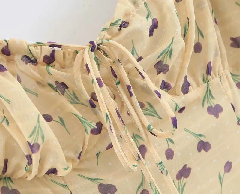 옐로우 프랑스 튤립 꽃 인쇄 짧은 드레스 레트로 여성 조수 활 레이스 업 V 목 퍼프 슬리브 미니 드레스 210429