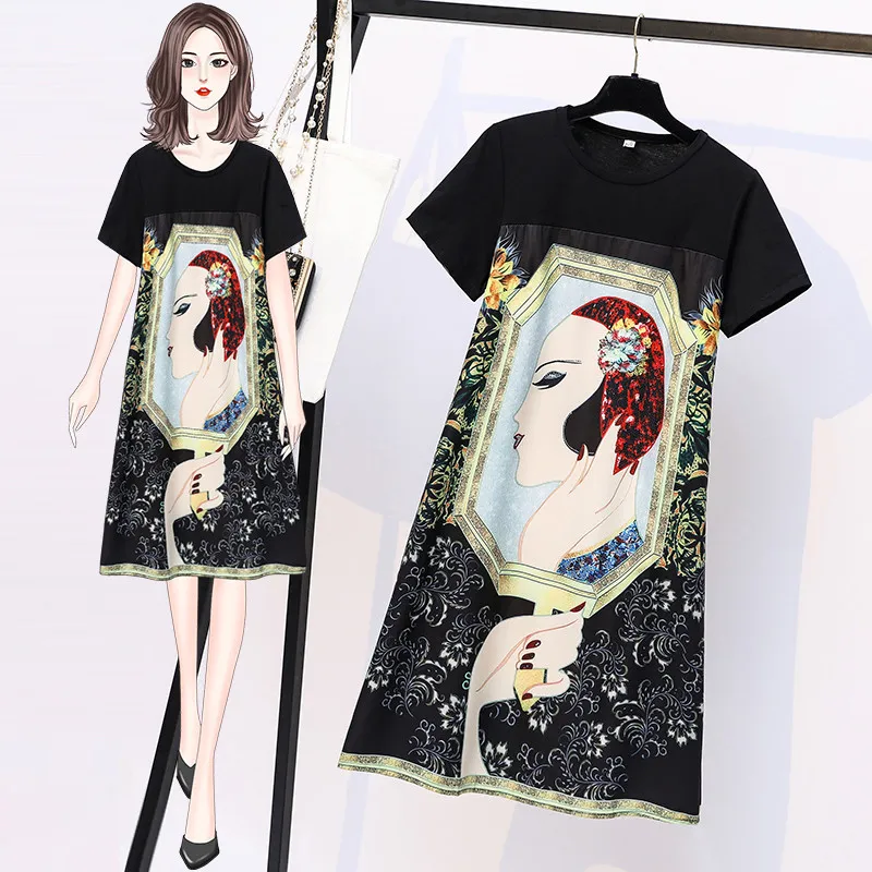 Zomer hit t-shirt jurk voor vrouwen vintage cartoon print Koreaanse mode O-hals korte mouw casual losse jurken 210428