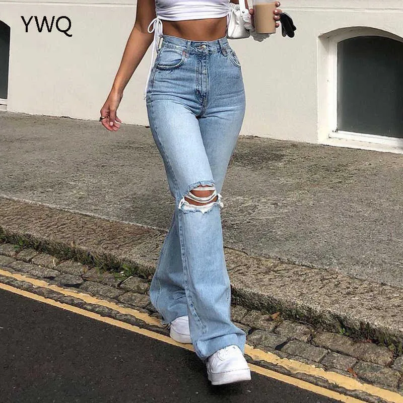 Y2k évider femmes bas de cloche déchiré jean fermeture éclair maman taille haute Chic évasé Denim pantalon jambe large femme trou pantalon 210629