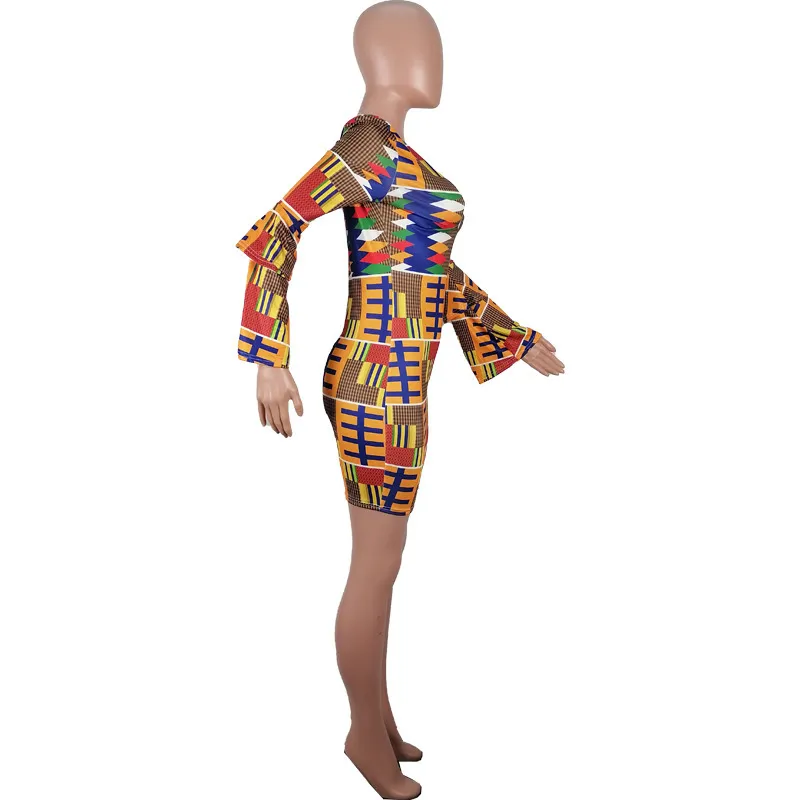 90s Esthétique Robe Africaine Pour Femmes Vêtements Vintage Imprimer Col En V À Manches Longues Mini Moulante Sexy Parti Et Robes De Mariée 210525
