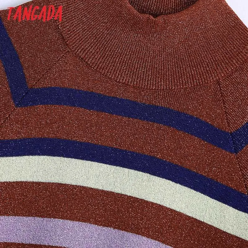 Tangada Chic Femmes Pull à col roulé rayé Vintage Dames Style court Doux Pull tricoté Tops BE187 210609
