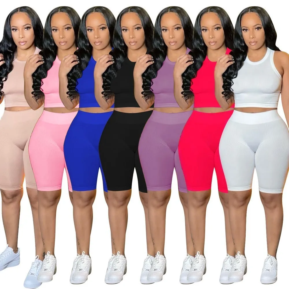 Vêtements de sport d'été femmes vêtements de Fitness ensemble court tenues deux pièces survêtement costumes gilet Shorts couleur unie grande taille survêtement