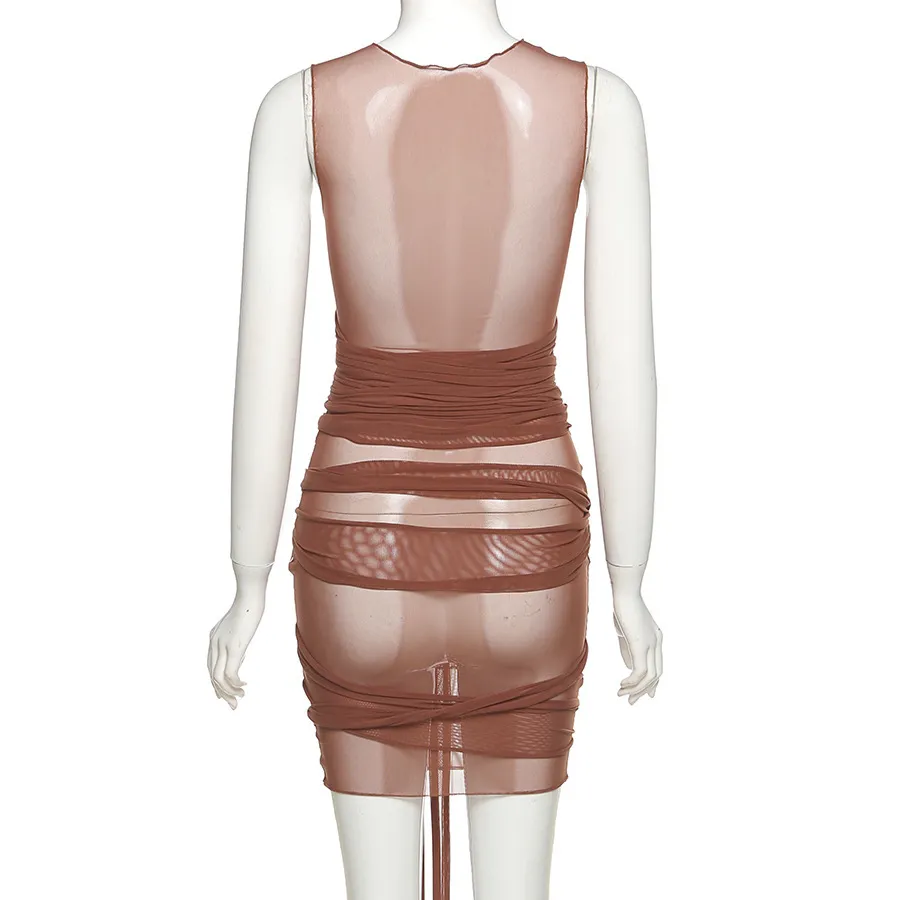 Letnia sukienka Bodycon Sukienka Sexysleeveless Ruched Mesh Damskie Mini Sukienki Przeglądaj przez Club Partydress Nowy 210422