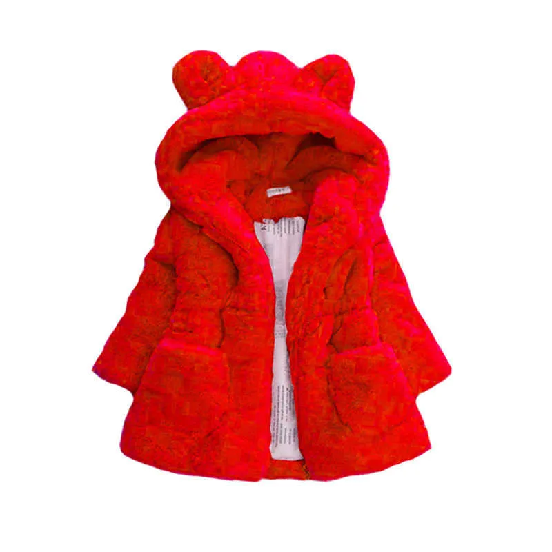 Winter Plüsch Imitation Pelz Mädchen Jacke Warm Halten Mit Kapuze Oberbekleidung Für Kinder 1-8 Jahre Weihnachten Geschenk Kinder Mantel 211023