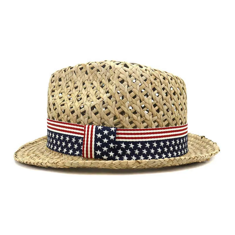 Chapeau de soleil Panama femmes été plage paille drapeau ruban respirant vacances Protection UV casquette extérieure accessoire pour dame G220301