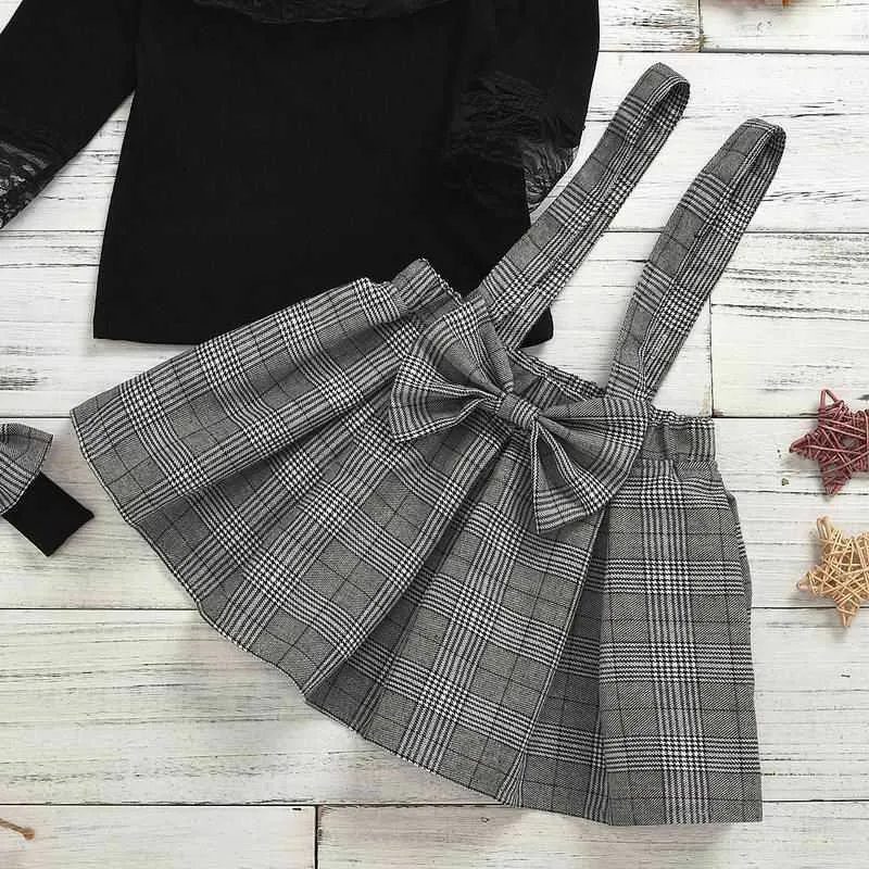 Girls Suits Lace Black Long Sleeve Tshirt +Plaid Straps Dress+Headband and Brothers Clothes E21703 210610