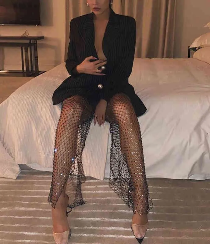 DIRTYLILY Crystal Diamond Shiny Women Pants Summer Fashion Hollow Out Fishnet Wide Leg Trousers Sexy See Through Beach Pant 211216