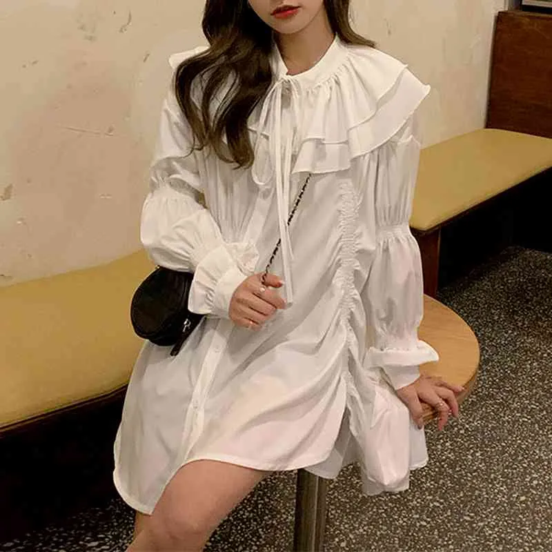 Ezgaga Dress Women Turn-Down Collar Long Sleeve Lace Up Loose Korean Chic Spring Fashion Solid Streetwear Dresses Casual 210430