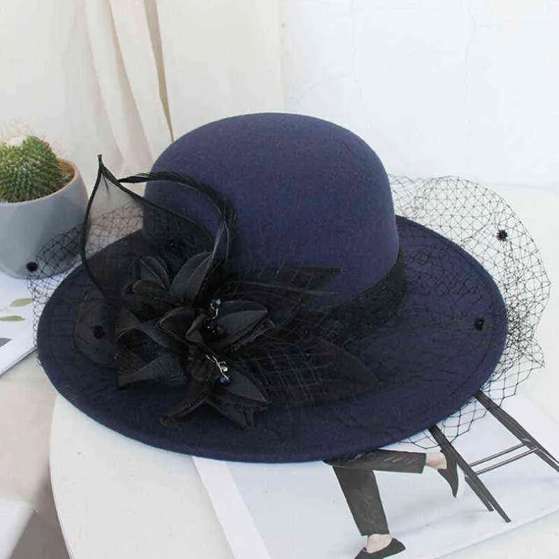 Chapeau en laine d'église à large bord Imiation Cap pour femmes Big Floral Bucket Warm Winter Wedding Caps 211119