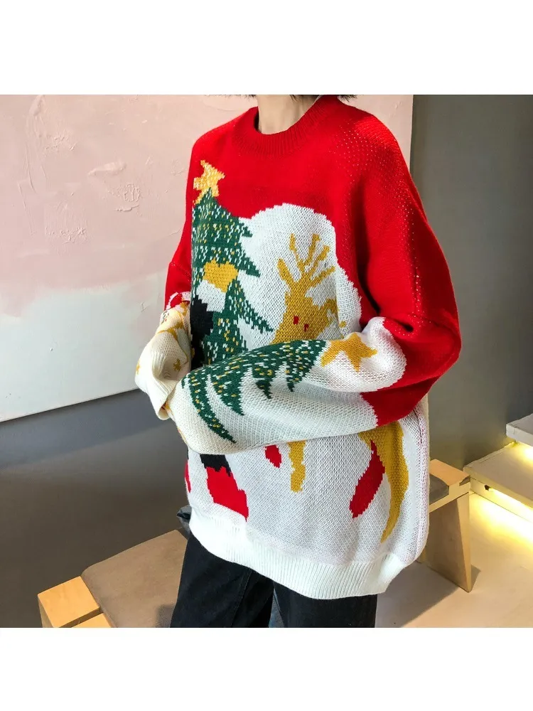 H.SA Women Sweater Pullovers Snowman Christmas Tree Red Couple Sweaters Oversized Jumpers woman winter clothing 210417