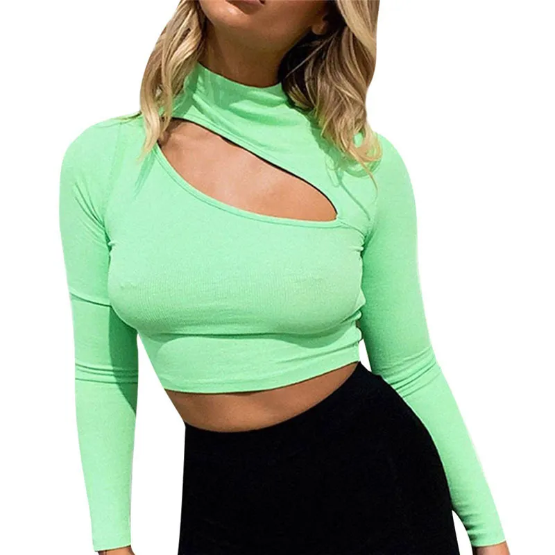 Frauen T-Shirt Langarm Rollkragen Solid Hollow Out Weiß Grün Basic Sexy Damen Clubwear Streetwear Tops 210522