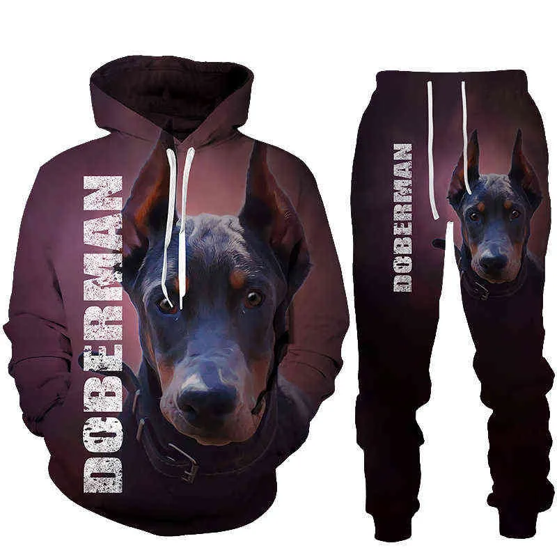 Herfst Winter 3D Doberman Gedrukt Hoodies Sweatpants Heren Hooded Sweatshirt Sets Heren Sportkleding Trainingspak Herenkleding Pak G1217