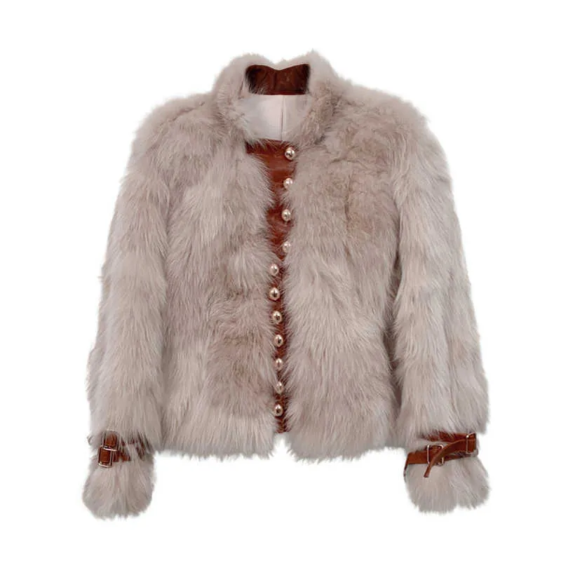 Misschien u vrouwen wit bruin faux bont jas uitloper knop warm dikke massief lederen patchwork C0454 210529