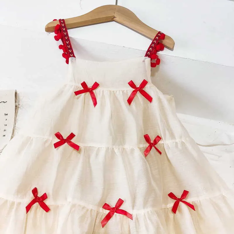 Wholesale Summer Kids Girls Dress Patchwork Sling Red Bow Cute Style Princess E8971 210610