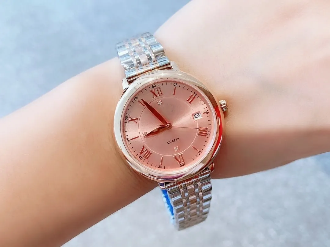 Classic Women Watch Fashion Stainless Steel Belt Quartz Watches Casual female Roman Numbers clock rose gold cz diamonds dial 33mm