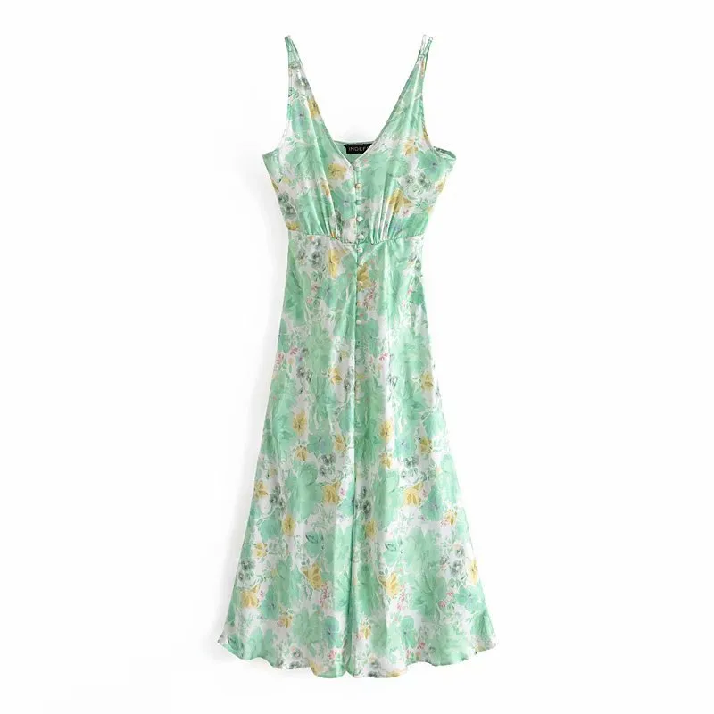 Jurk Groene Floral Print Riem Midi Es Vrouwen Zomer Backless Button Up Afrikaanse Vrouw Vintage Party Vestidos 210430