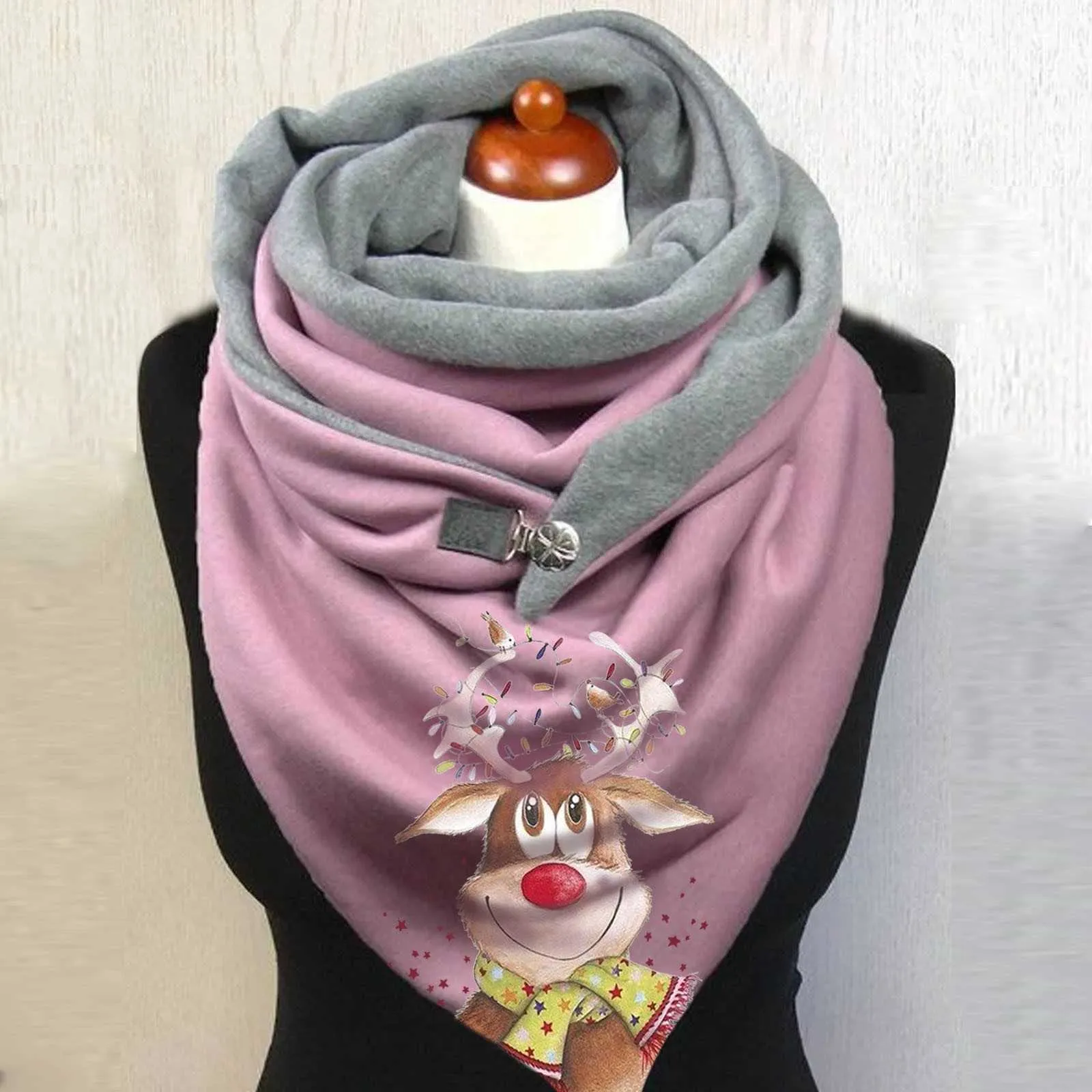 Schal Schals für Frauen Weihnachten Elch Druck Knopf Hals Wrap Mode Schals Schal Frau Winter Warm Foulard