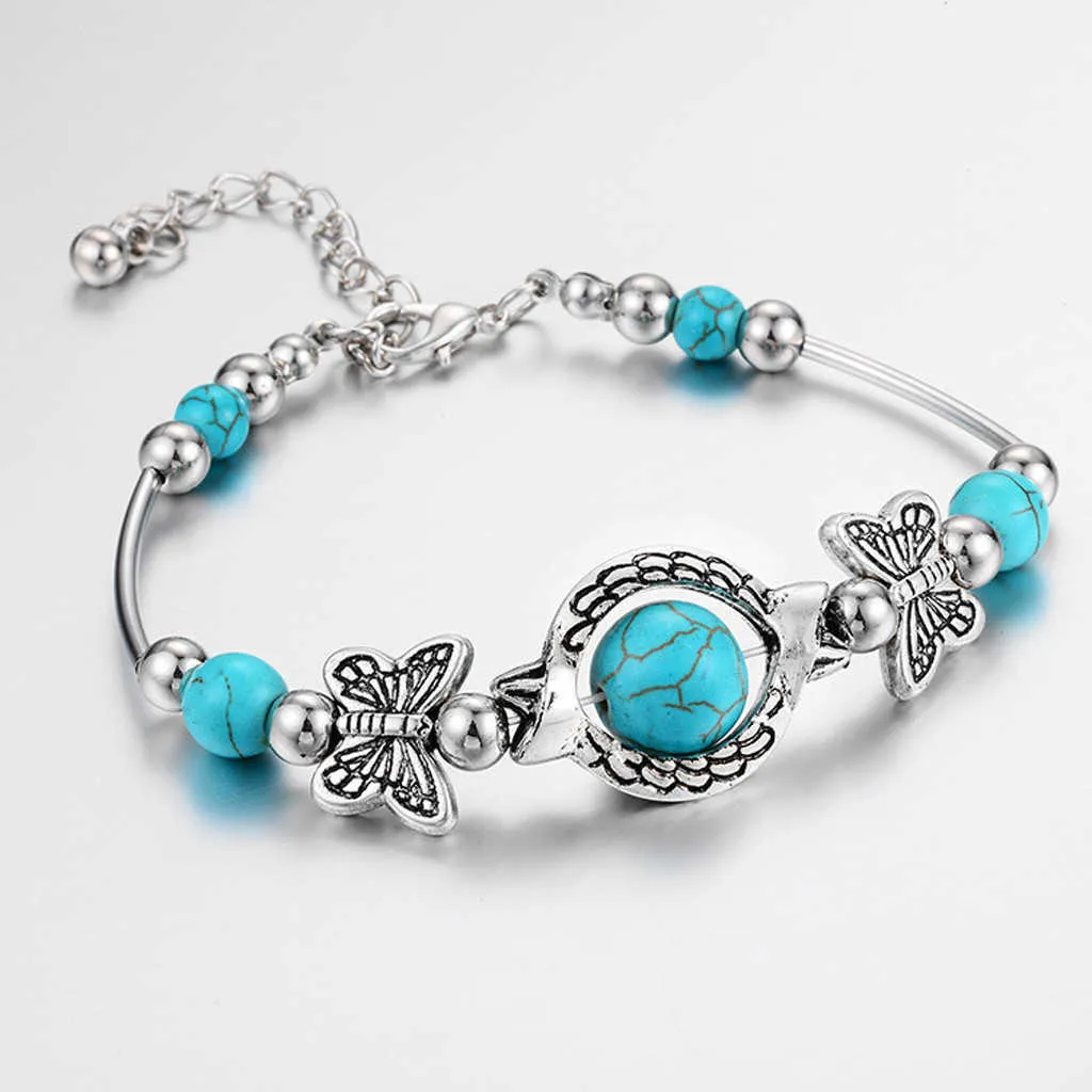 New Boho Butterfly Pendant Vintage Turquoises Bracelets for Women Men Pendant Charm Bracelet Bangle Fashion Jewelry Q0719