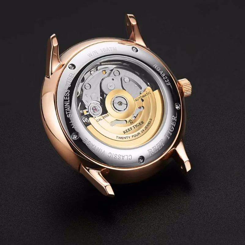Reef Tiger RT Luksusowe proste zegarki dla mężczyzn Rose Gold Automatic z datą analogową RGA8238 WRISTWATCHES 269N