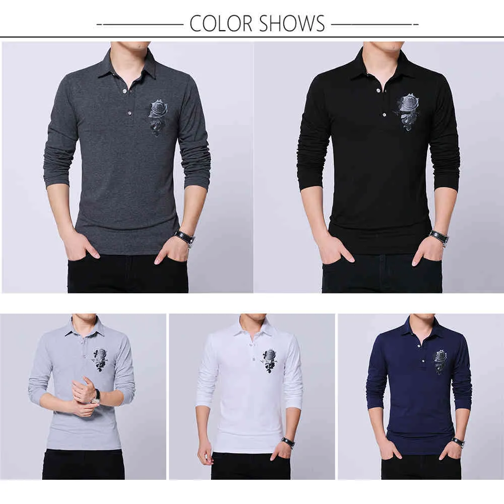 Automne Hommes Casual T-shirt À Manches Longues Fleuri Imprimer Design Tendances De Style Coréen Col Rabattu Slim Fit T-shirt Élégant Mâle 210518