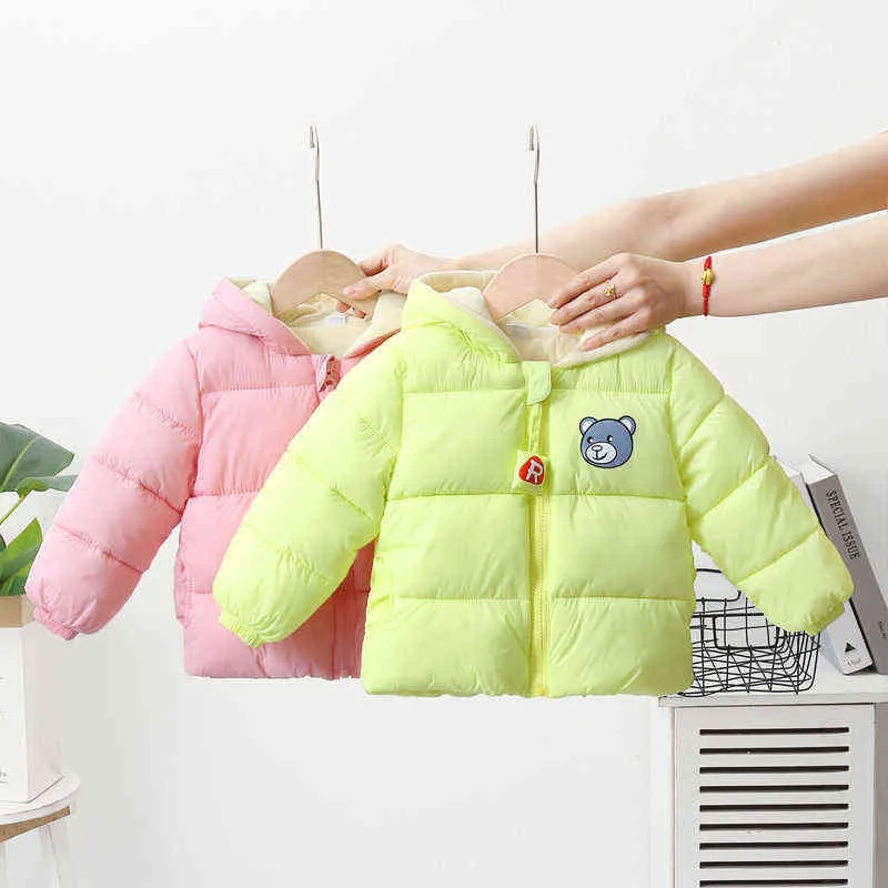 女の子の冬のコート少年子供の綿の詰まったジャケットプラスベルベットの厚い赤ちゃんのフード付きの子供たち211222