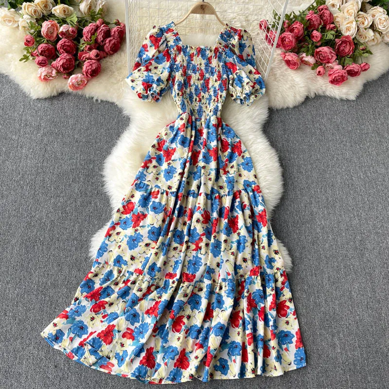 Vestidos Женское летнее платье с квадратной шеечной рукавом упругой талии похудения праздник стиль печатный MIDI GK795 210506