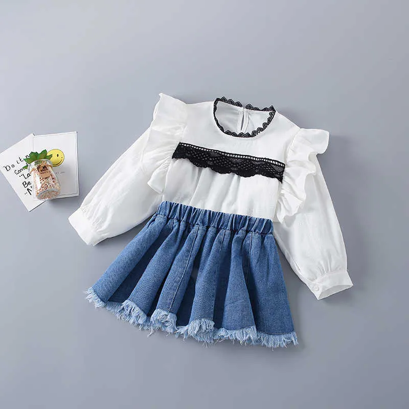 2-7 jaar hoge kwaliteit lente meisje kleding set mode casual kant shirt + denim rok kid kinderen meisjes 210615