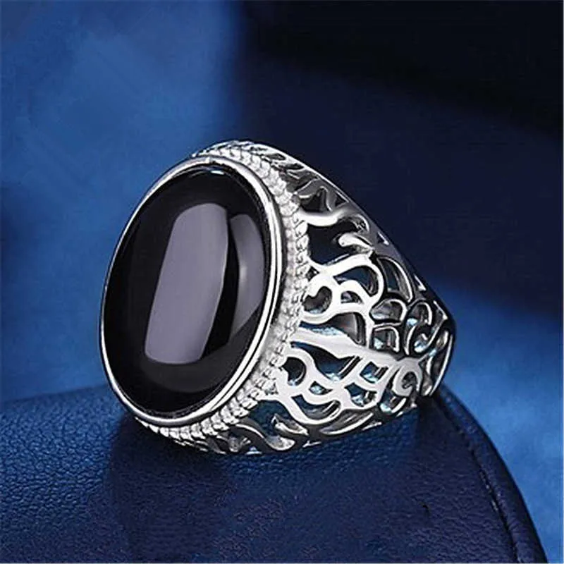 Bagues en cristal pour hommes, bague en diamant d'agate noire, motif creux, noir, simple, mode, ouverture, styles de cluster pour dames