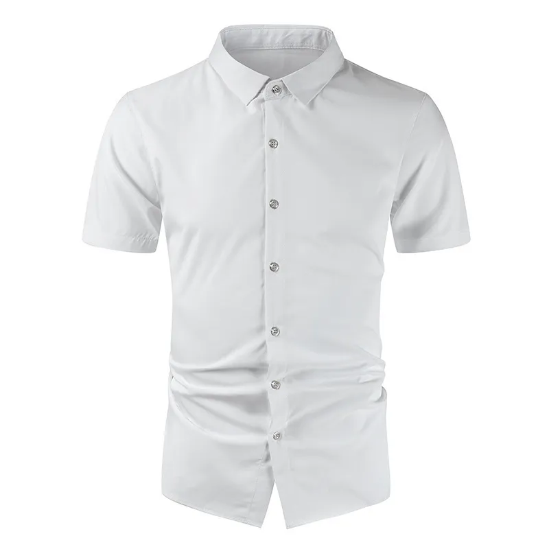 Solid Color Silk Mens Koszula Gładka wygodna koszula dla mężczyzn Casual Slim Fit Mężczyźni Sukienka Koszule Krótki Rękaw Mężczyźni Odzież 4XL 210524