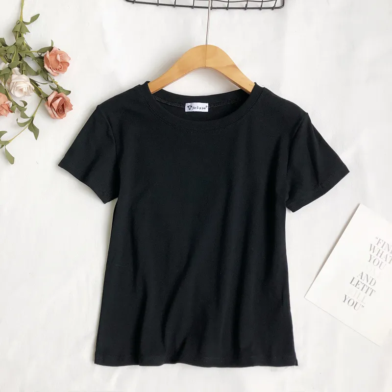 Sommer einfaches und vielseitiges Bonbonfarben-Rundhals-Kurzarm-, schlankes, kurzes T-Shirt-Top für Damen 210507