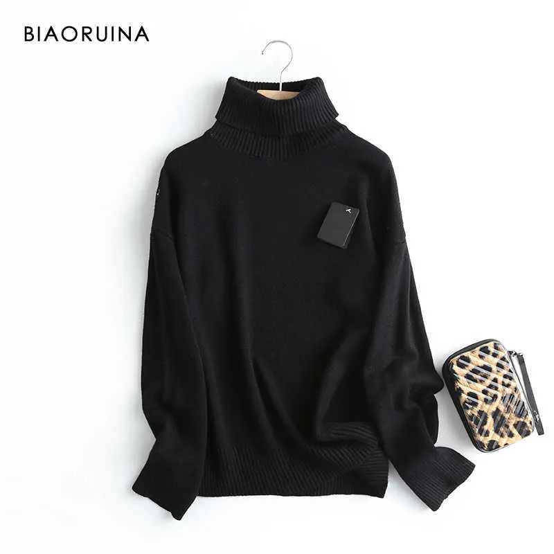 BIAORUINA Women's Casual All-match Solid Knitted Turtleneck Sweater Female Everyday Autumn Winter Keep Warm Pullovers 211018