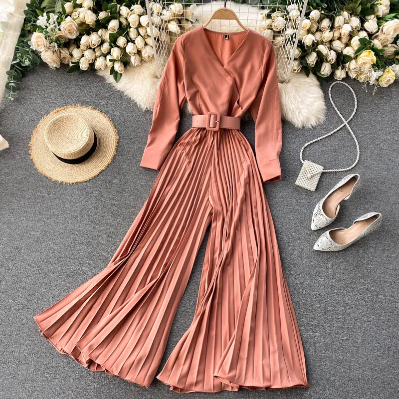 Singreiny Kvinnor Fasta Pläterade Jumpsuits Koreanska V Neck Långärmad Sashes Rompers Höst Elegant Streetwear Wide Leg Long Rompers 210419