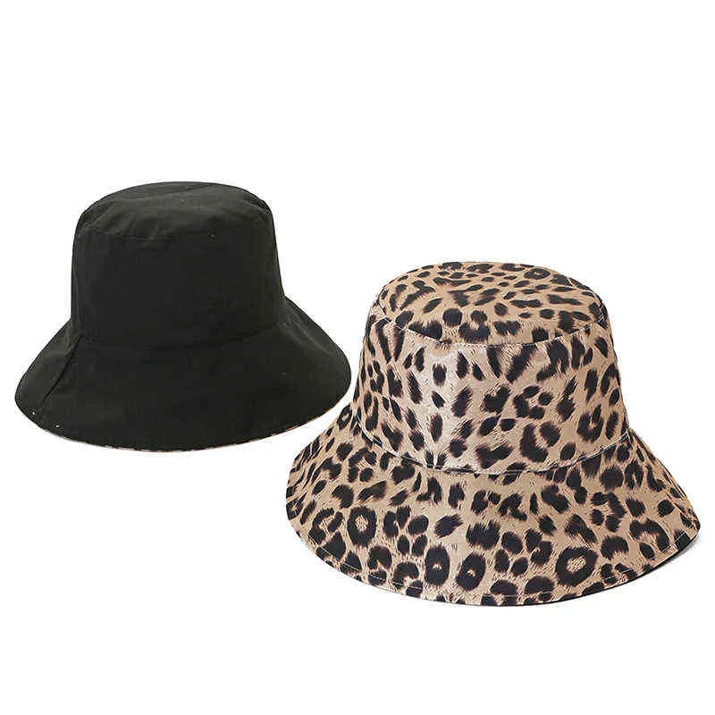 Moda İki Taraflar Siyah Leopar Kova Şapka Kadınlar Için Geri Dönüşümlü Panama Güneş Yaz Bayanlar Kore Plaj Balıkçı Şapka G220311