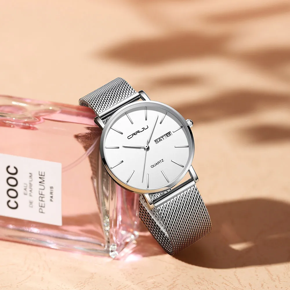 Relojes de mujer CRRJU, movimiento de cuarzo japonés, reloj de pulsera minimalista con fecha automática para mujer, reloj de malla inoxidable de 36mm, reloj femenino 210517