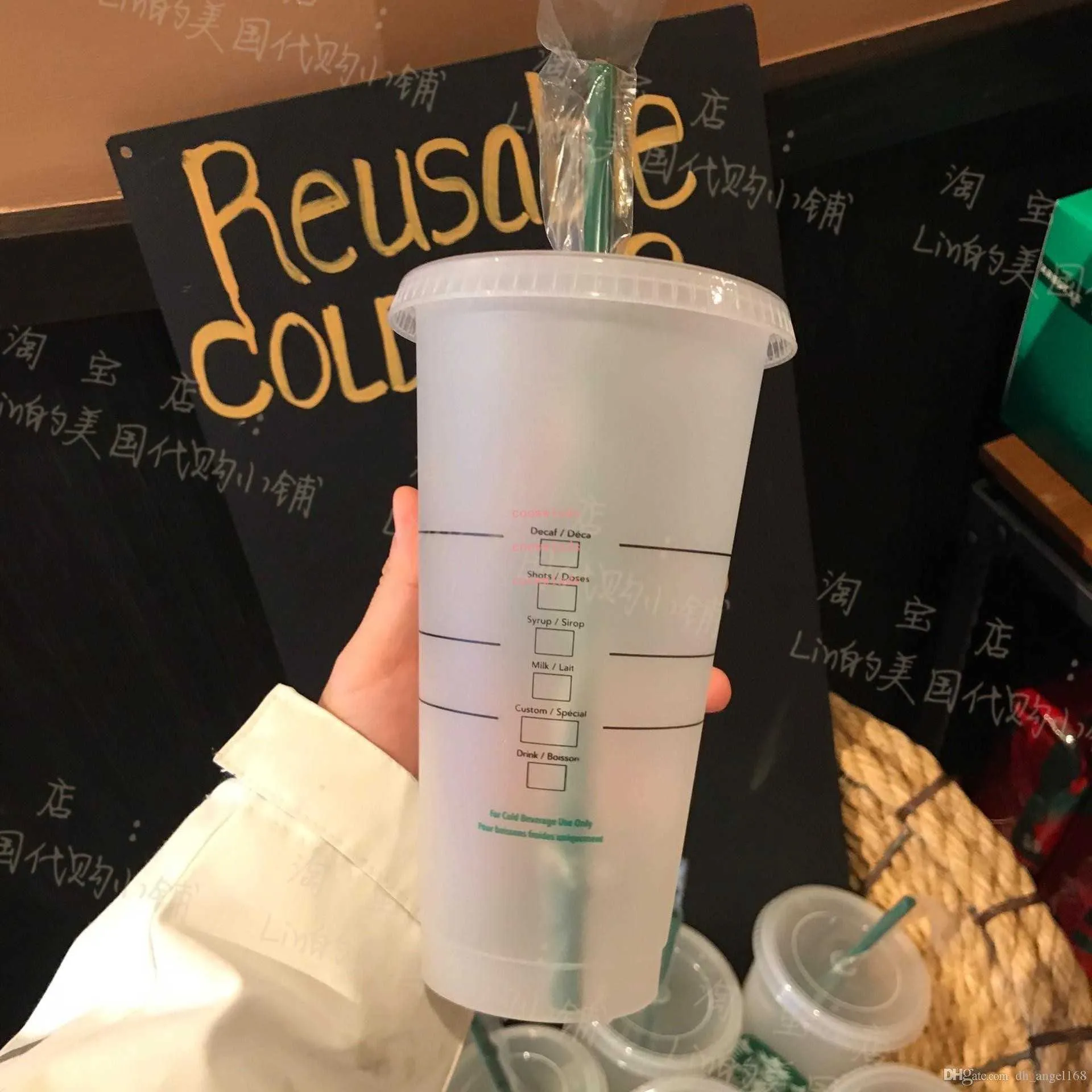 Canecas Starbucks 24 onças Copo de plástico Reutilizável Transparente Beber Copos de fundo plano Pilar Forma Tampa Copo de palha Bardian Free