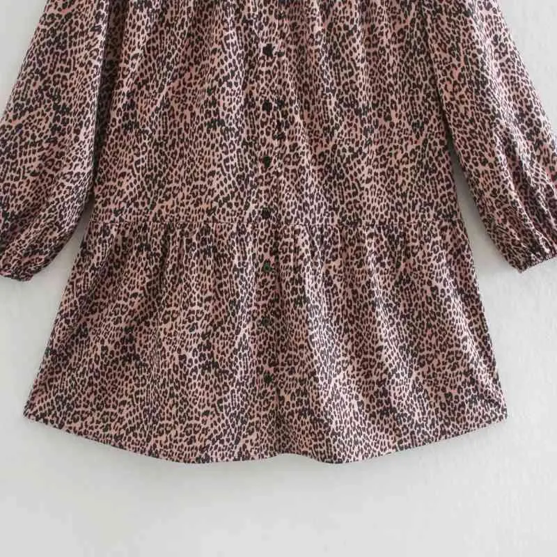 Wiosenne Kobiety Leopard Drukuj Wzburzyć Dekoracji Luźna Mini Sukienka Kobieta Latarnia Rękaw Odzież Dorywczo Lady Vestido D7292 210430