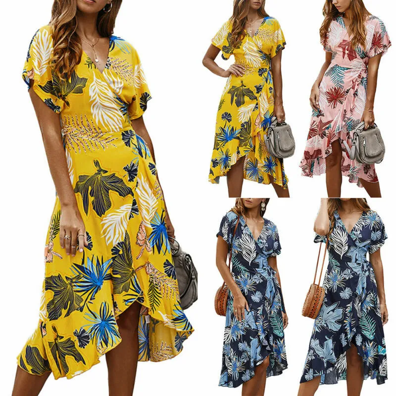 Beach Maxi Robe Femmes Floral Split Ruffle Sundress Vol V Robe à col vesse Femmes manches courtes Casual Holiday Robe Midi Vêtements X0521