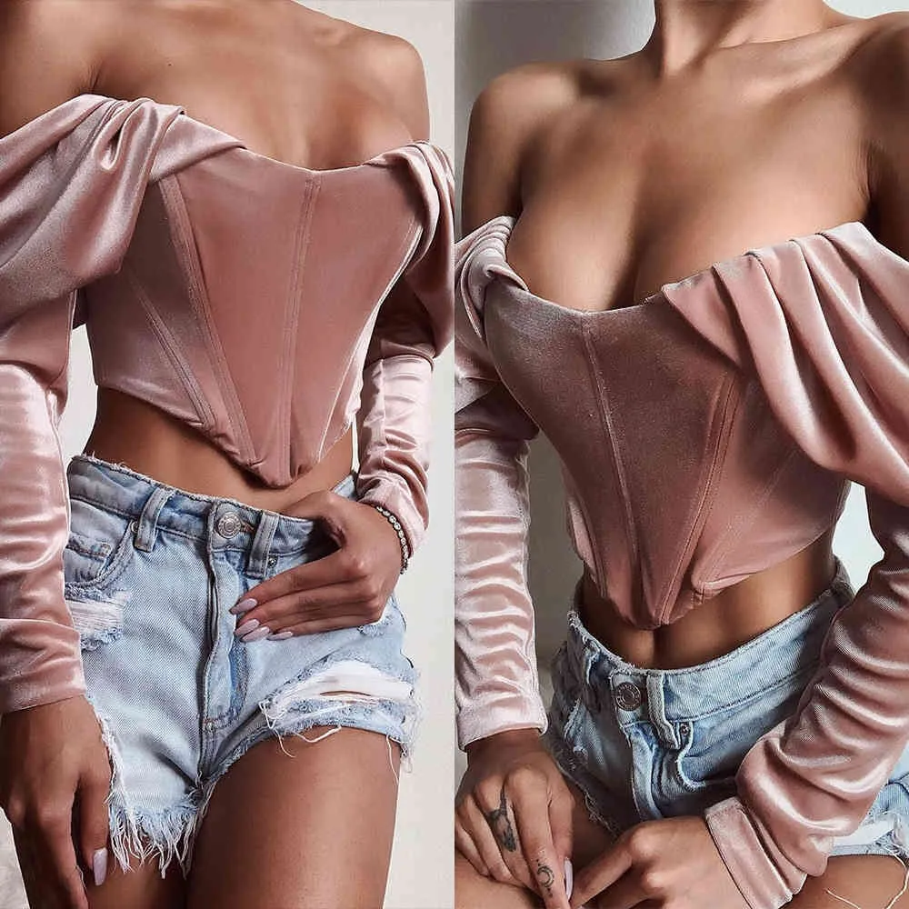 OMSJ Kvinnors Höst Elegant Långärmad Top Sexig Kvinna Off Shoulder Slim Fashion Party Beskuren Bustier T-shirt Streetwear 210517