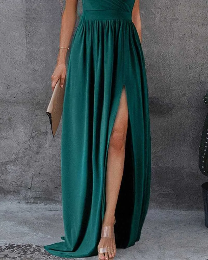 Elegant Sleeveless Front Cut Out Design Side Women Slit Maxi Dress Y1006