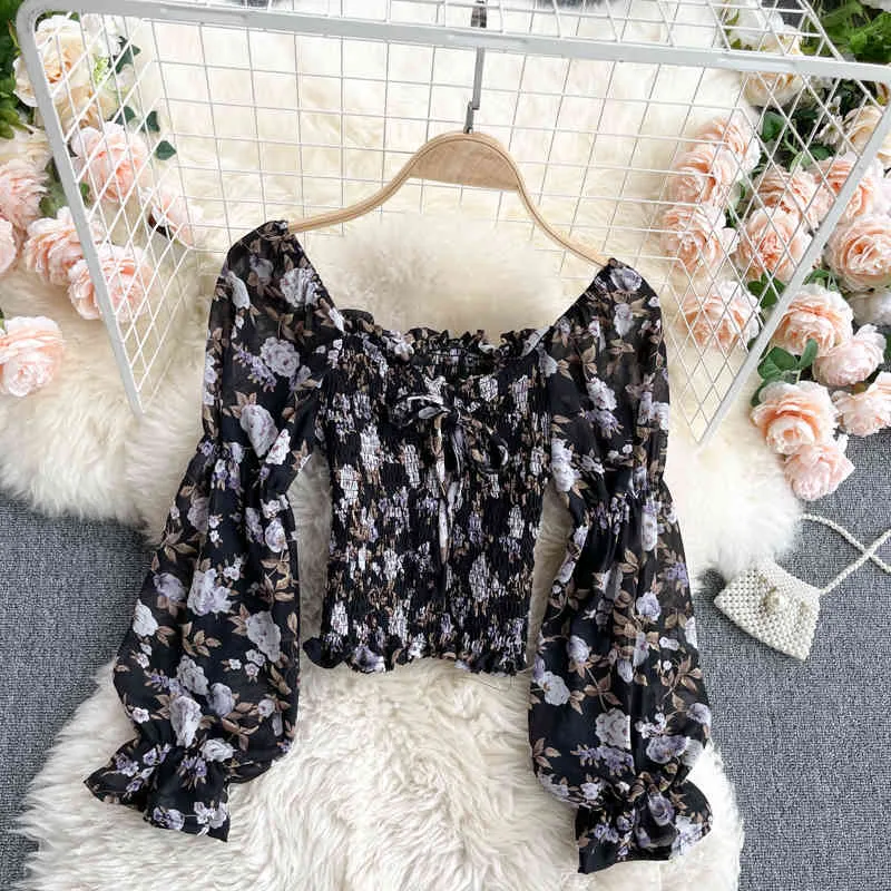 SINGREINY Frauen Bohemian Floral Bluse Koreanische Süße Puff Sleeve Slim Streetwear Tops Frühling Elastische Rüschen Druck Kurze Blusen 210419